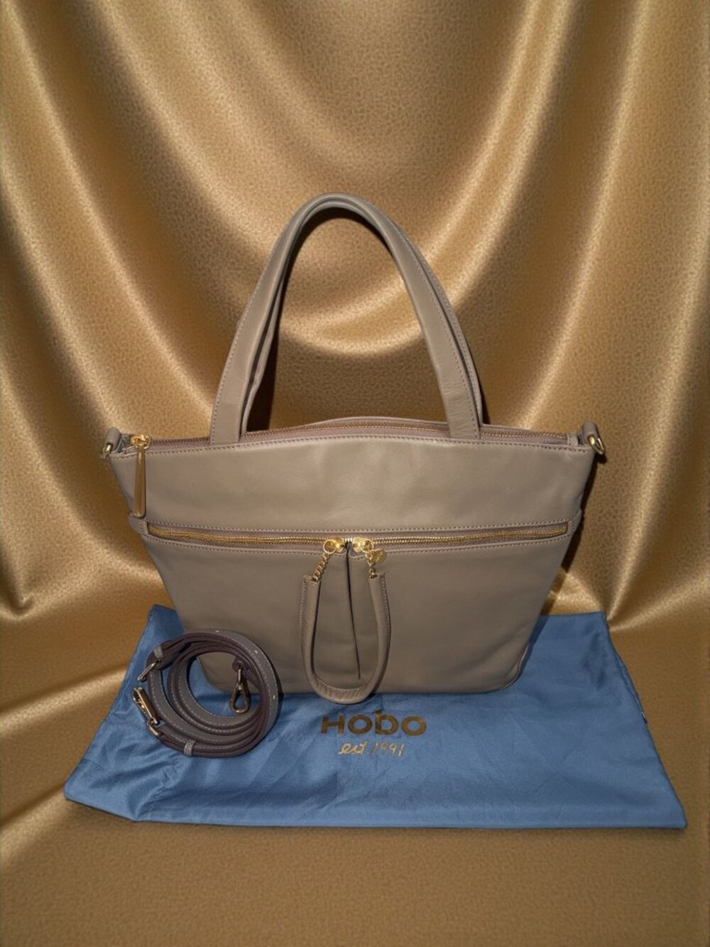 HOBO Double Zip Satchel Taupe Matte Leather Brass Shoulder Bag Detachable Strap - Picture 2 of 12